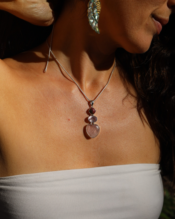 Watermelon Tourmaline, Super 7 & Rose Quartz Silver Pendant