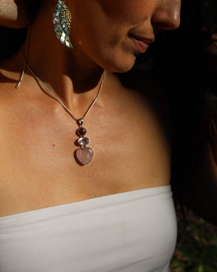 Watermelon Tourmaline, Super 7 & Rose Quartz Silver Pendant