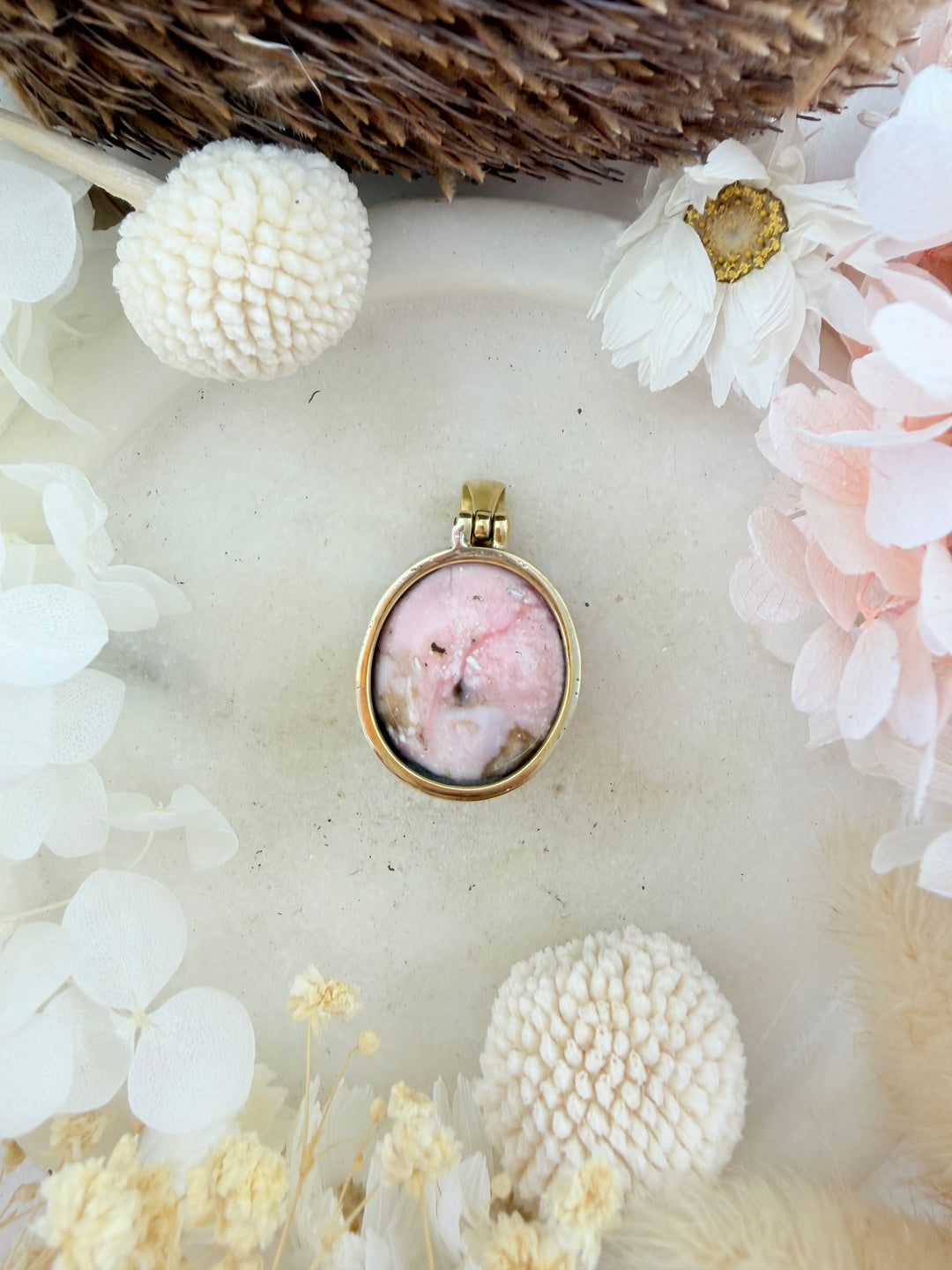 Pink Opal Brass Pendant