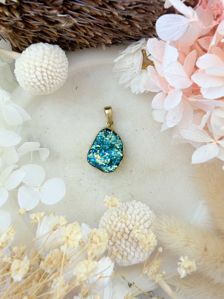 Dichroic Druzy Quartz Brass Pendant