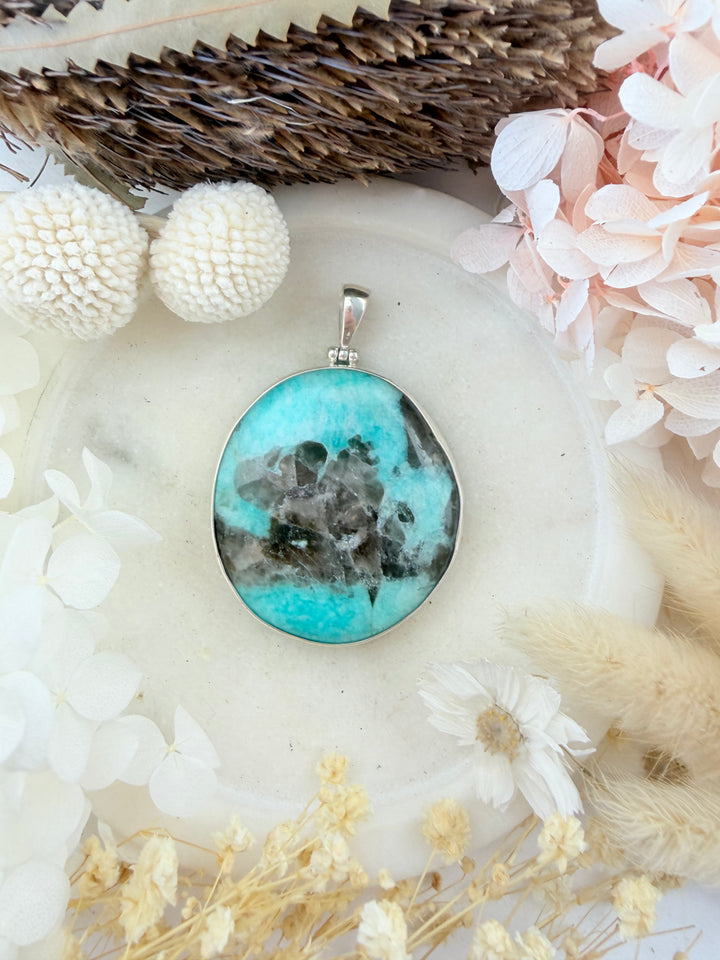 Amazonite with Smoky Quartz Silver Pendant