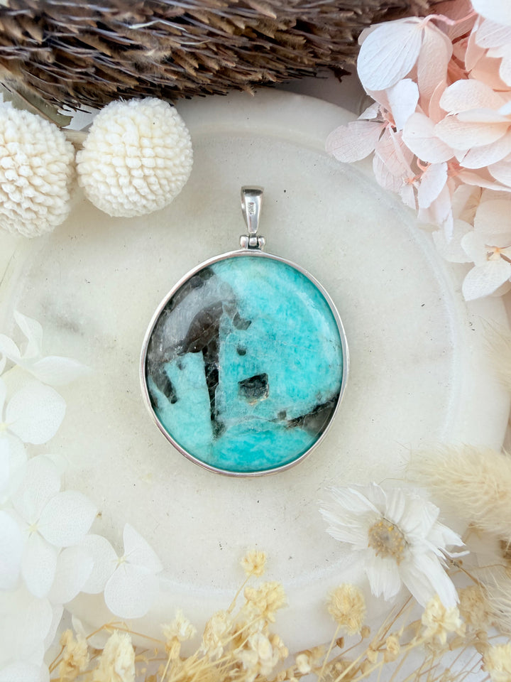 Amazonite with Smoky Quartz Silver Pendant