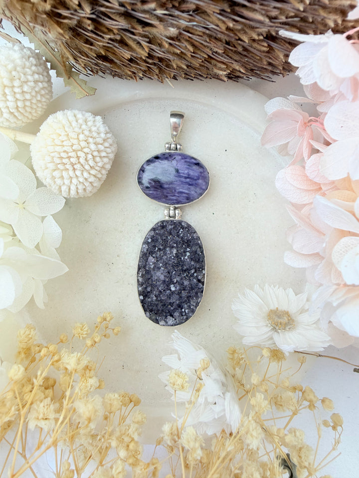 Amethyst Druzy & Charoite Silver Pendant