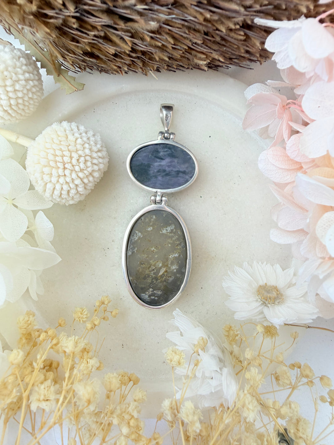 Amethyst Druzy & Charoite Silver Pendant