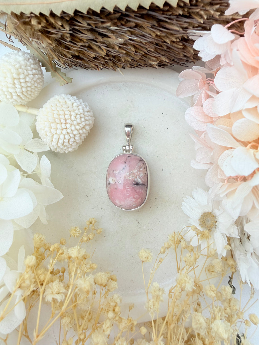 Pink Opal Tumbled Silver Pendant