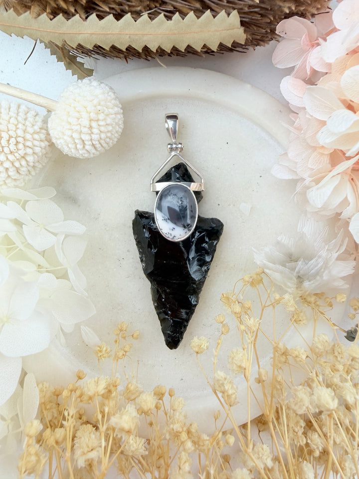 Black Obsidian Arrowhead & Merlinite Silver Pendant