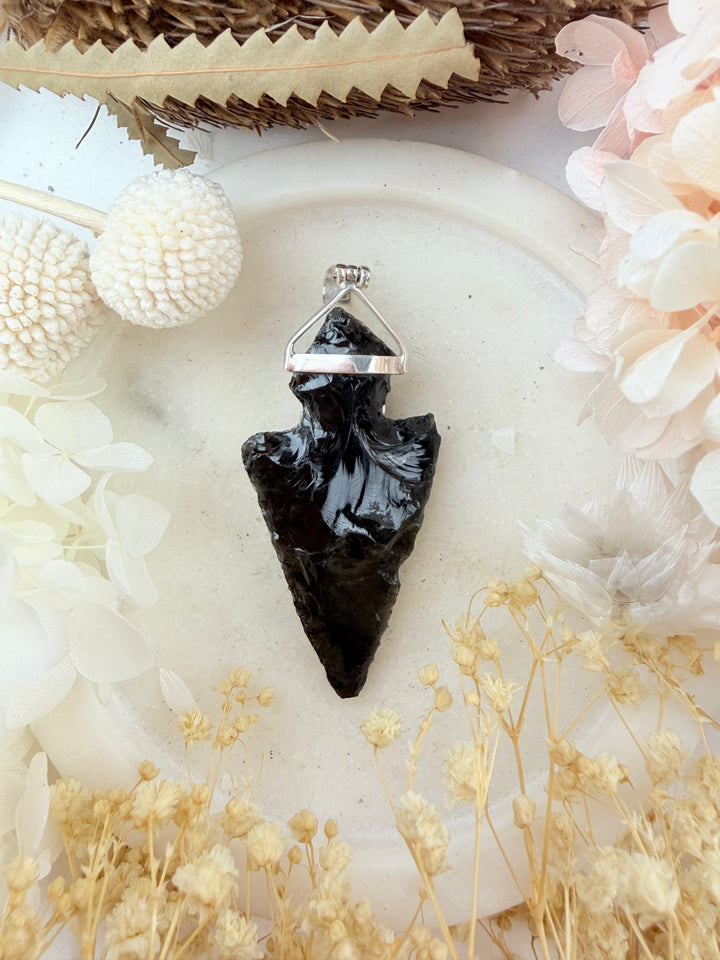 Black Obsidian Arrowhead & Merlinite Silver Pendant