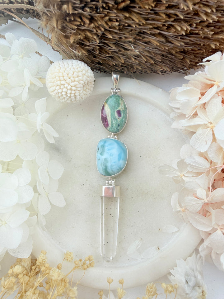 Ruby Fuchsite, Larimar & Clear Quartz Silver Pendant