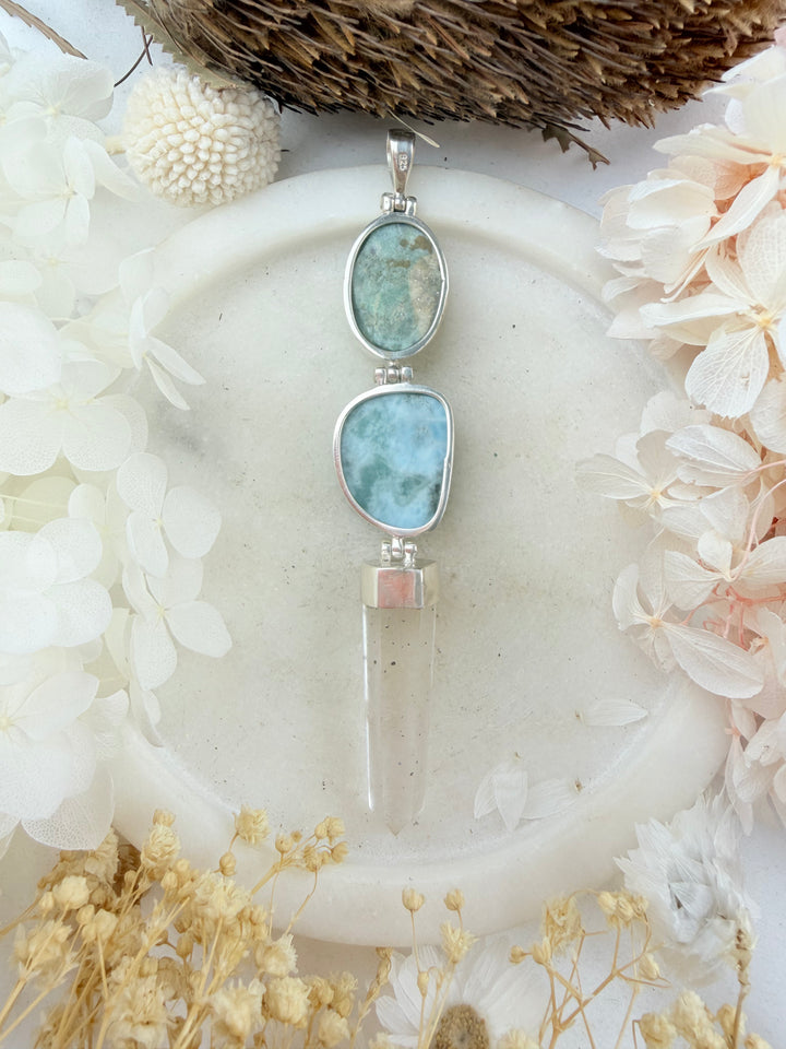 Ruby Fuchsite, Larimar & Clear Quartz Silver Pendant