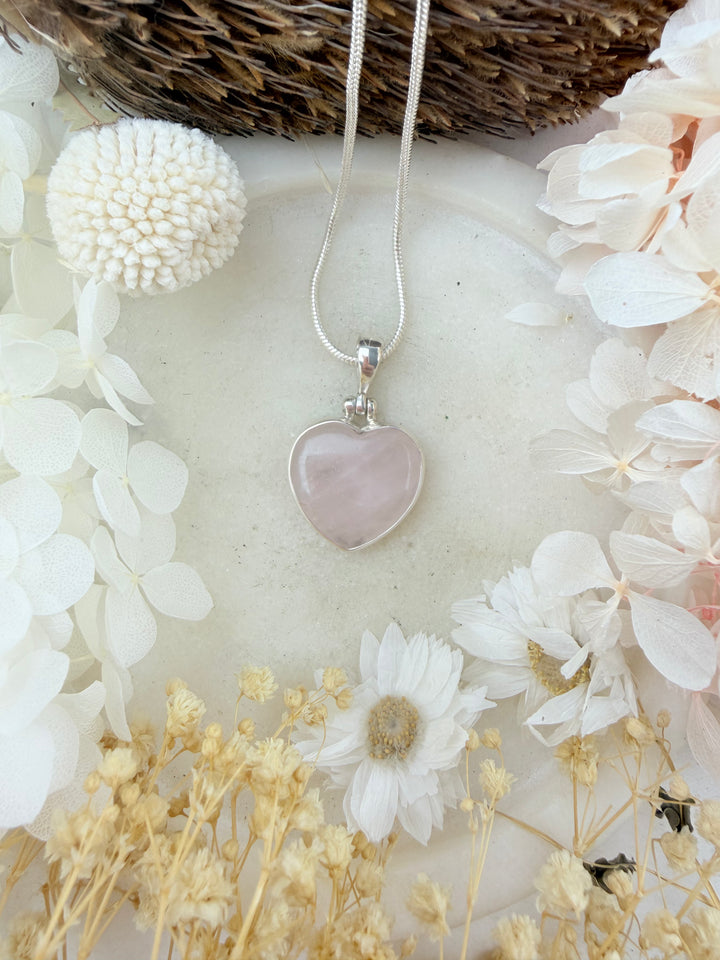 Rose Quartz Heart Silver Pendant