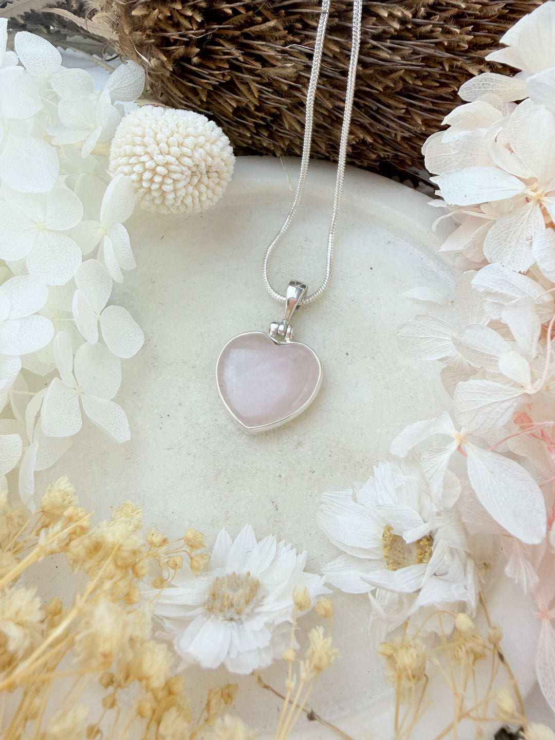 Rose Quartz Heart Silver Pendant