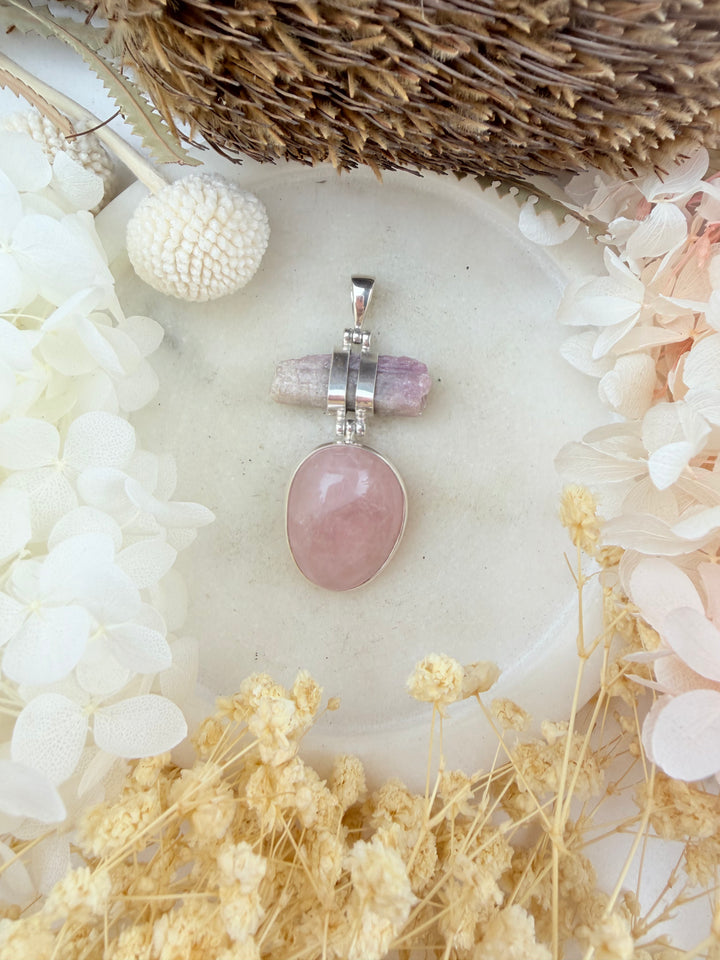 Pink Tourmaline & Rose Quartz Silver Pendant