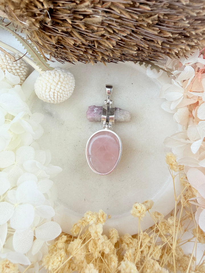 Pink Tourmaline & Rose Quartz Silver Pendant