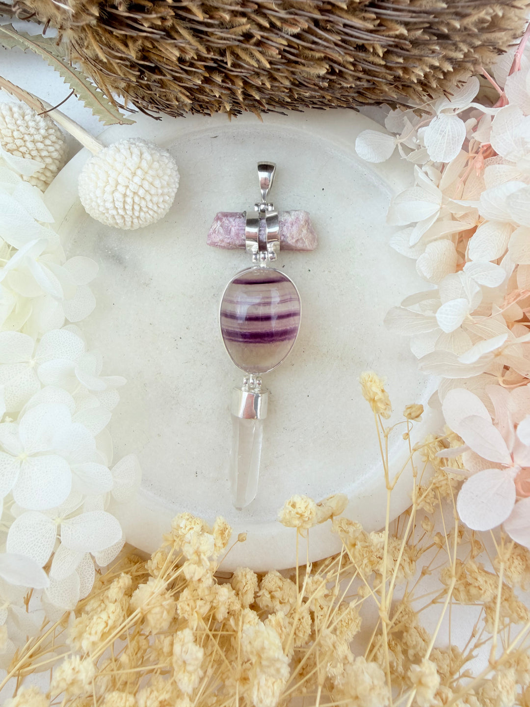 Pink Tourmaline, Rainbow Fluorite & Lemurian Quartz Silver Pendant