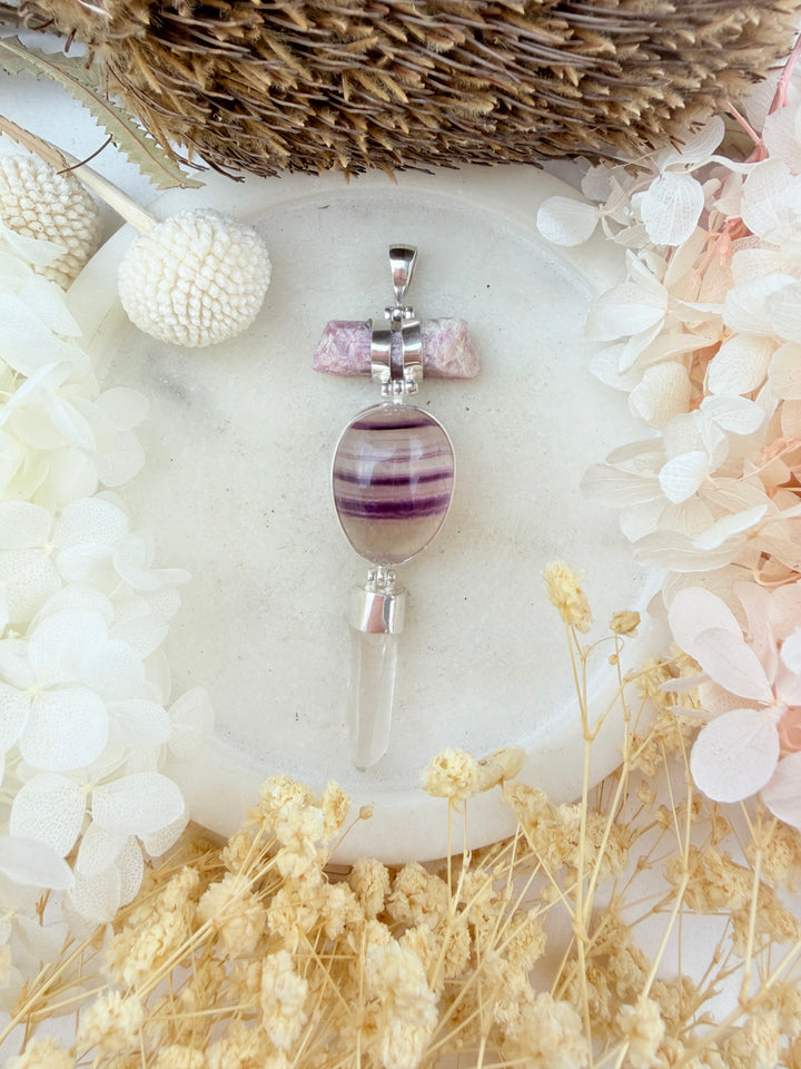Pink Tourmaline, Rainbow Fluorite & Lemurian Quartz Silver Pendant
