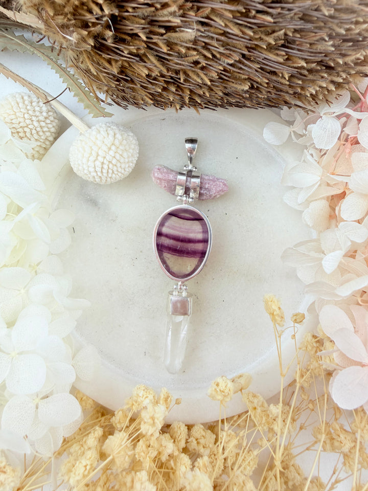 Pink Tourmaline, Rainbow Fluorite & Lemurian Quartz Silver Pendant