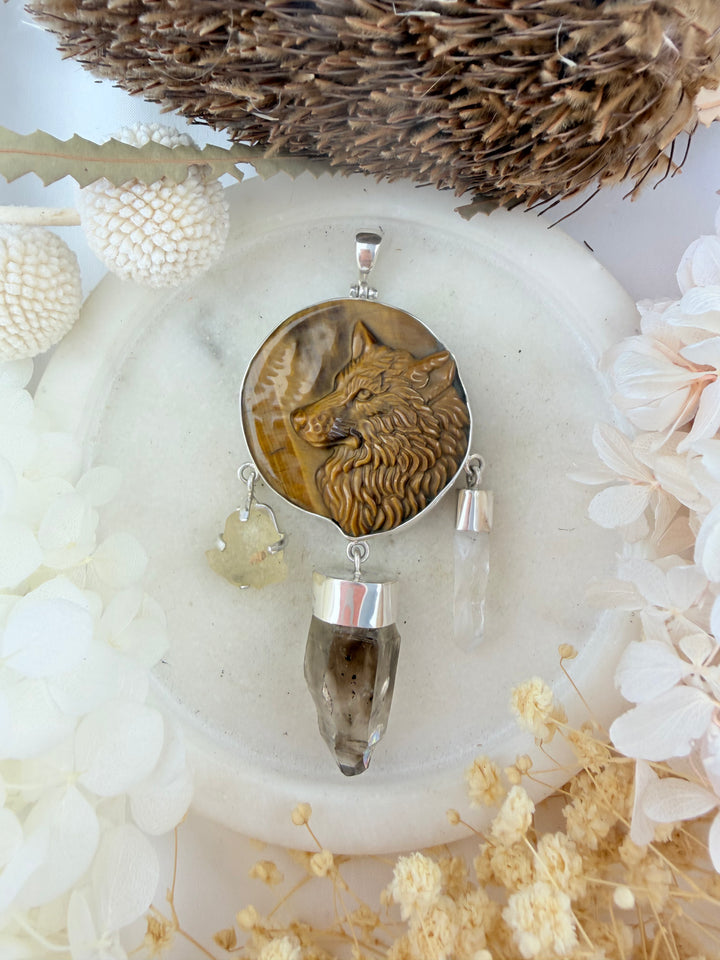 Wolf Medicine Shield Pendant - Tigers Eye, Smoky Quartz Herkimer Diamond, Libyan Desert Glass & Lemurian Quartz