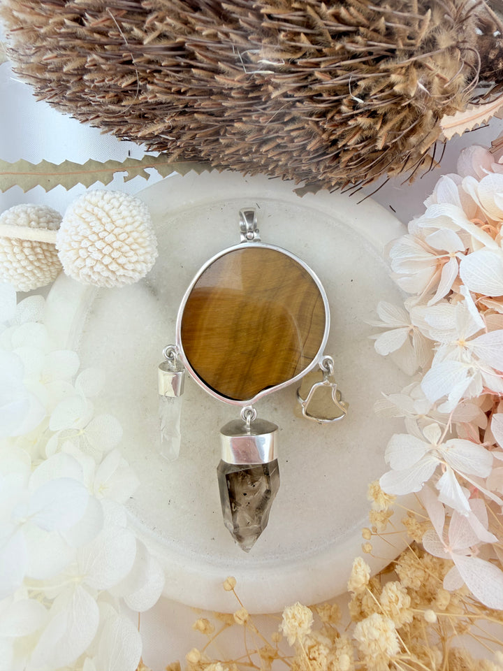 Wolf Medicine Shield Pendant - Tigers Eye, Smoky Quartz Herkimer Diamond, Libyan Desert Glass & Lemurian Quartz