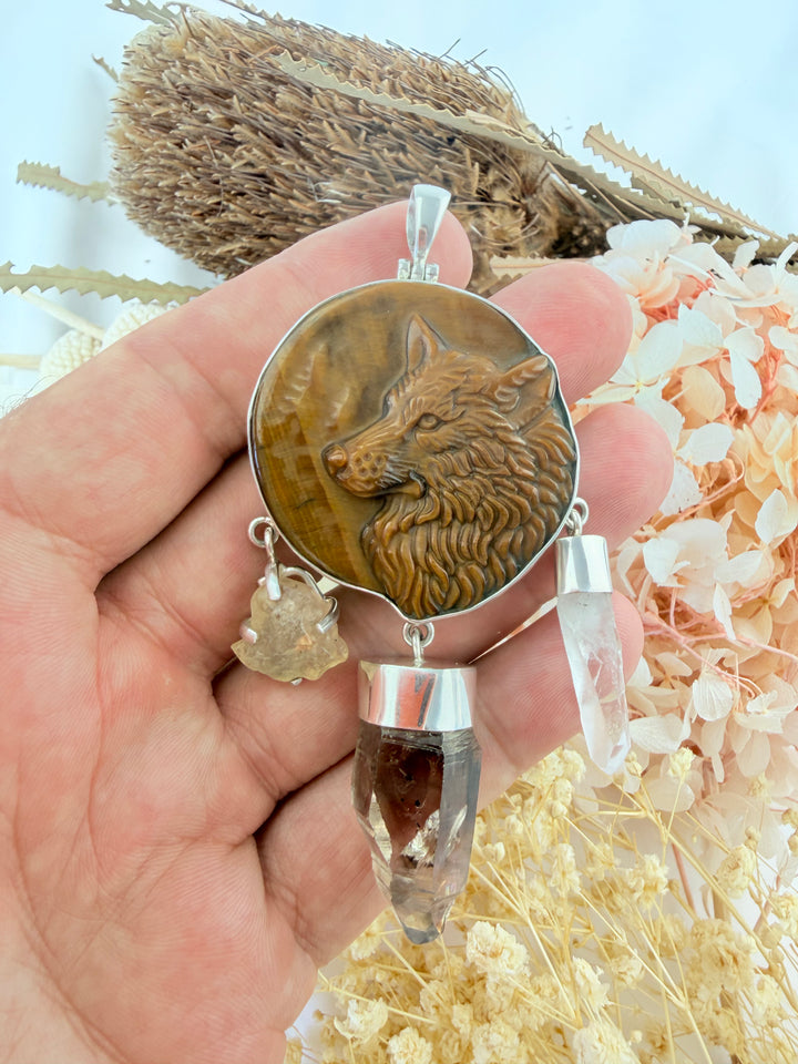 Wolf Medicine Shield Pendant - Tigers Eye, Smoky Quartz Herkimer Diamond, Libyan Desert Glass & Lemurian Quartz