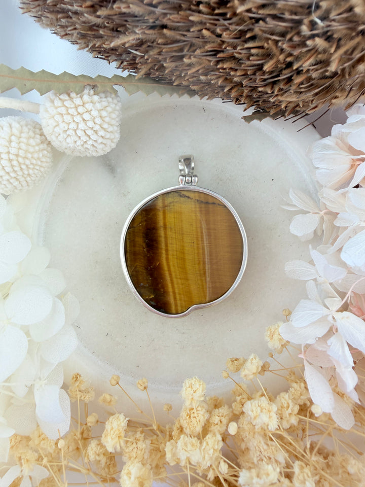 Tigers Eye Wolf Shield Silver Pendant