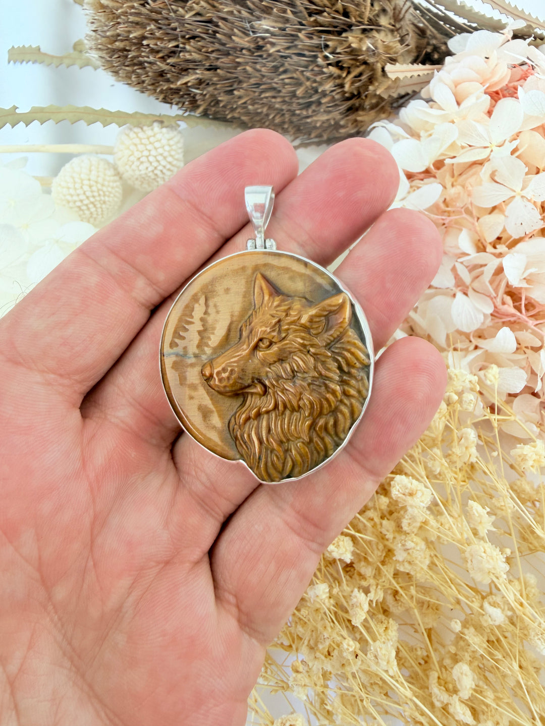 Tigers Eye Wolf Shield Silver Pendant