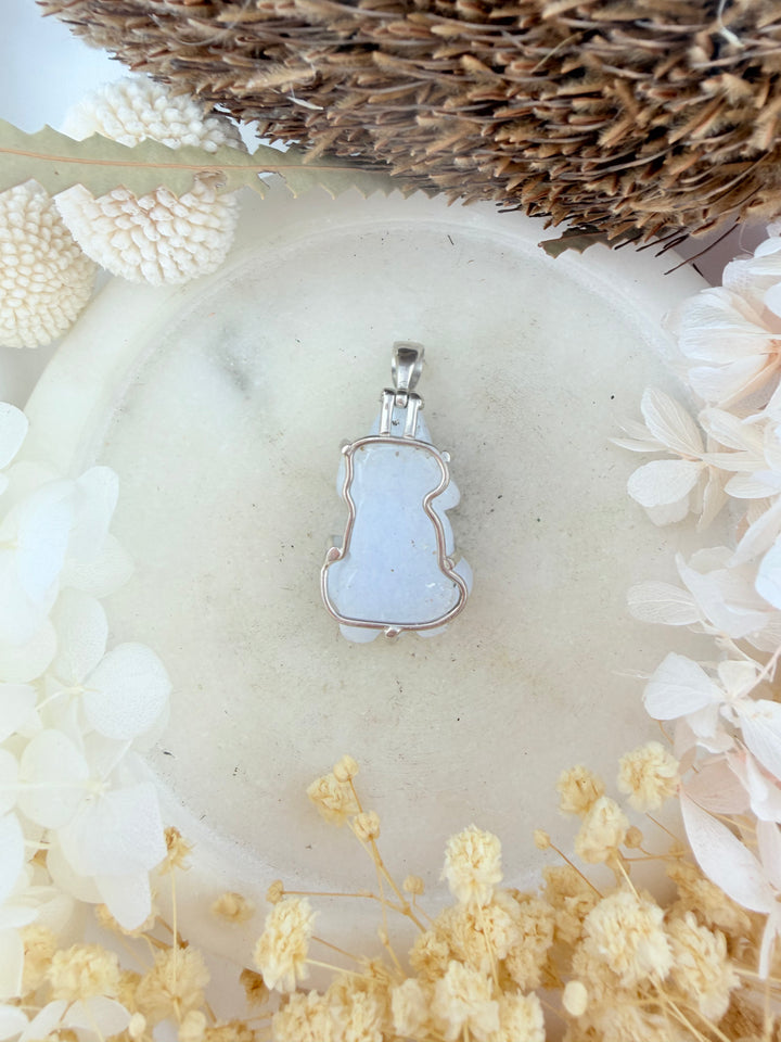 Blue Lace Agate Frog Shield Silver Pendant