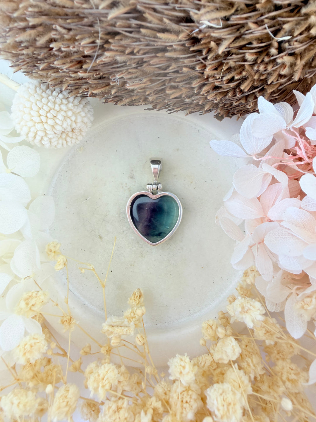 Rainbow Fluorite Heart Silver Pendant
