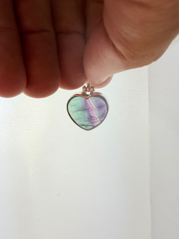 Rainbow Fluorite Heart Silver Pendant