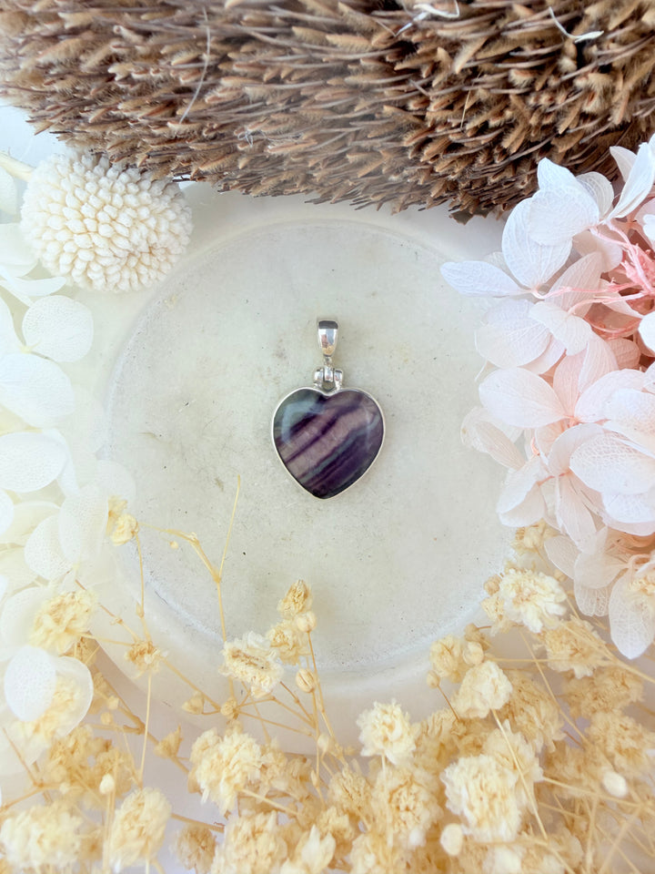 Rainbow Fluorite Heart Silver Pendant
