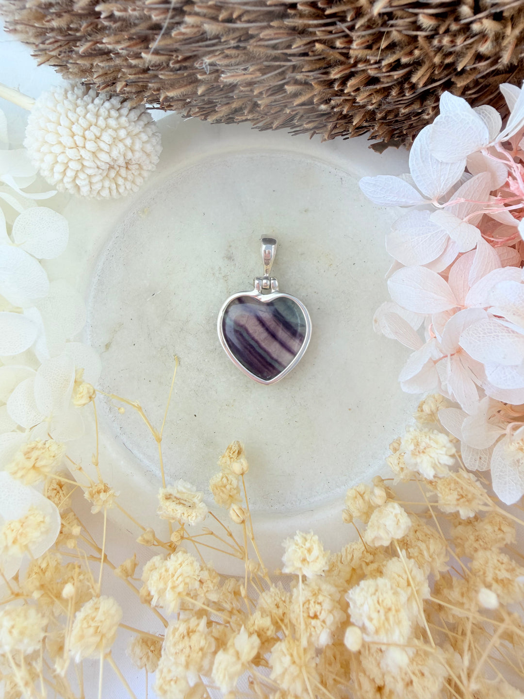 Rainbow Fluorite Heart Silver Pendant