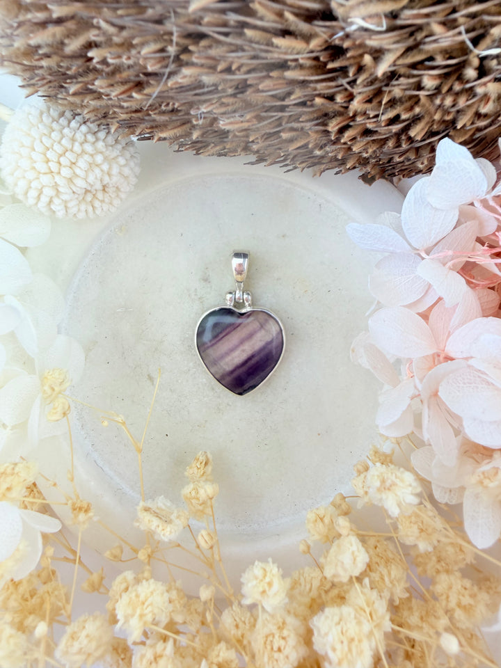 Rainbow Fluorite Heart Silver Pendant