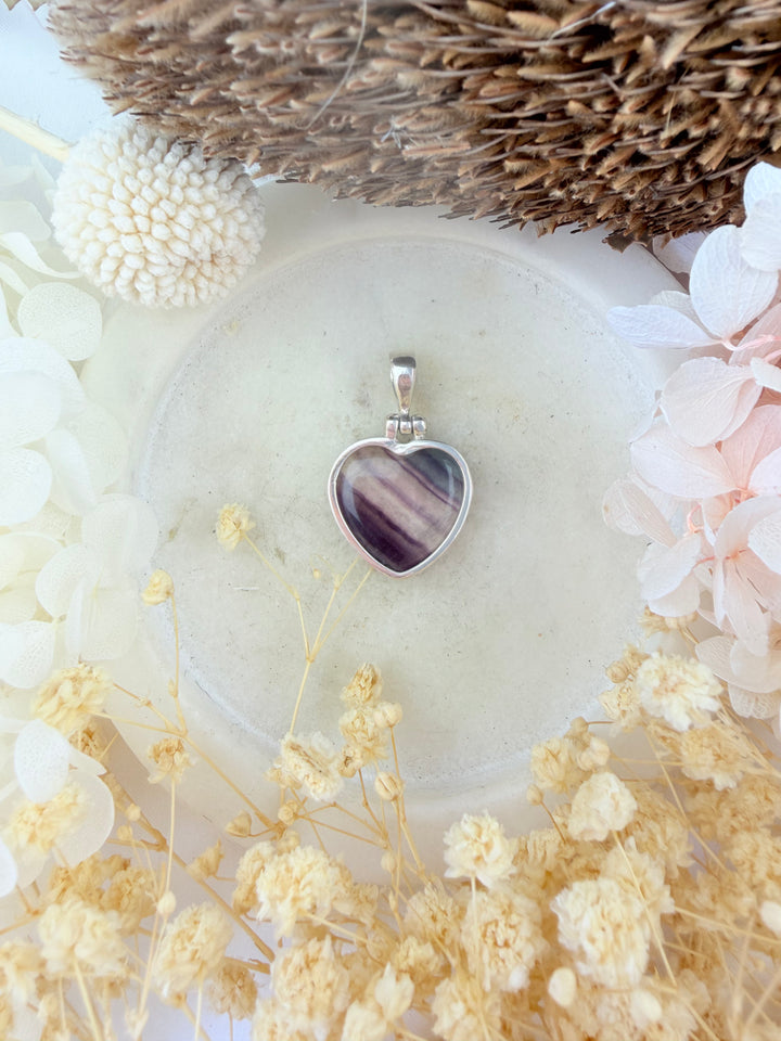 Rainbow Fluorite Heart Silver Pendant