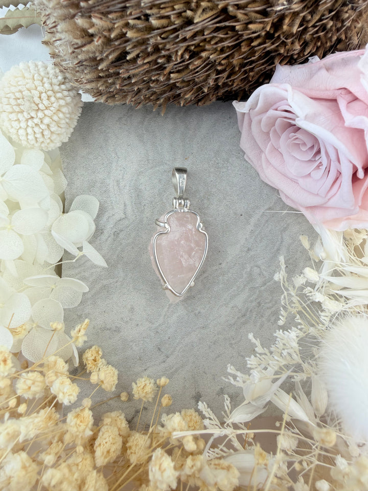 Rose Quartz Arrowhead Silver Pendant - Warrior Of Love