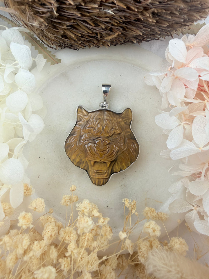 Tigers Eye Tiger Shield Silver Pendant