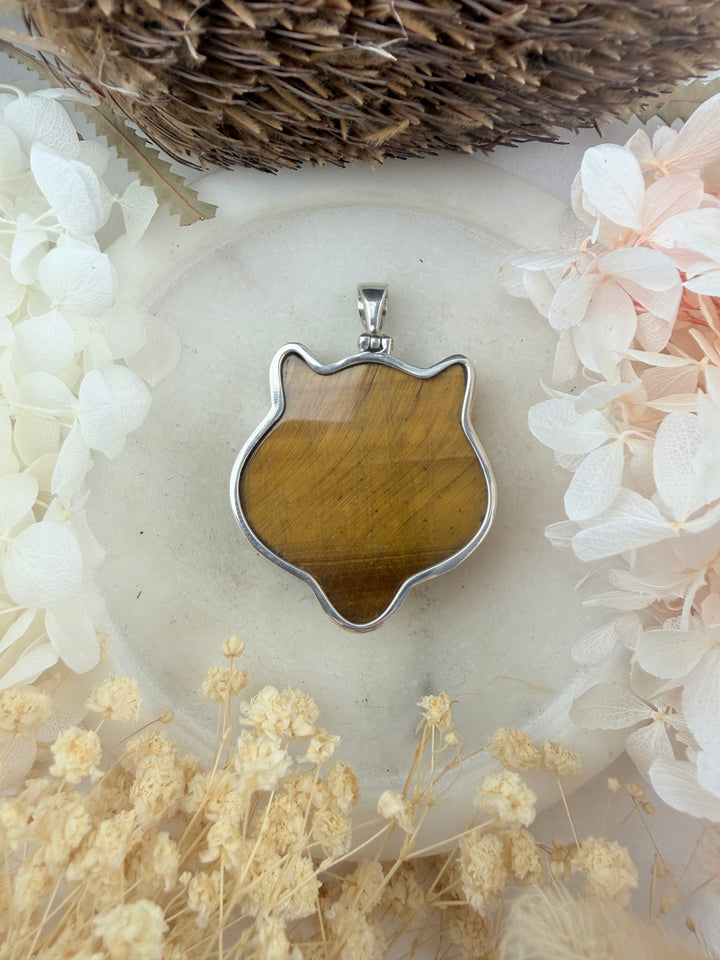 Tigers Eye Tiger Shield Silver Pendant