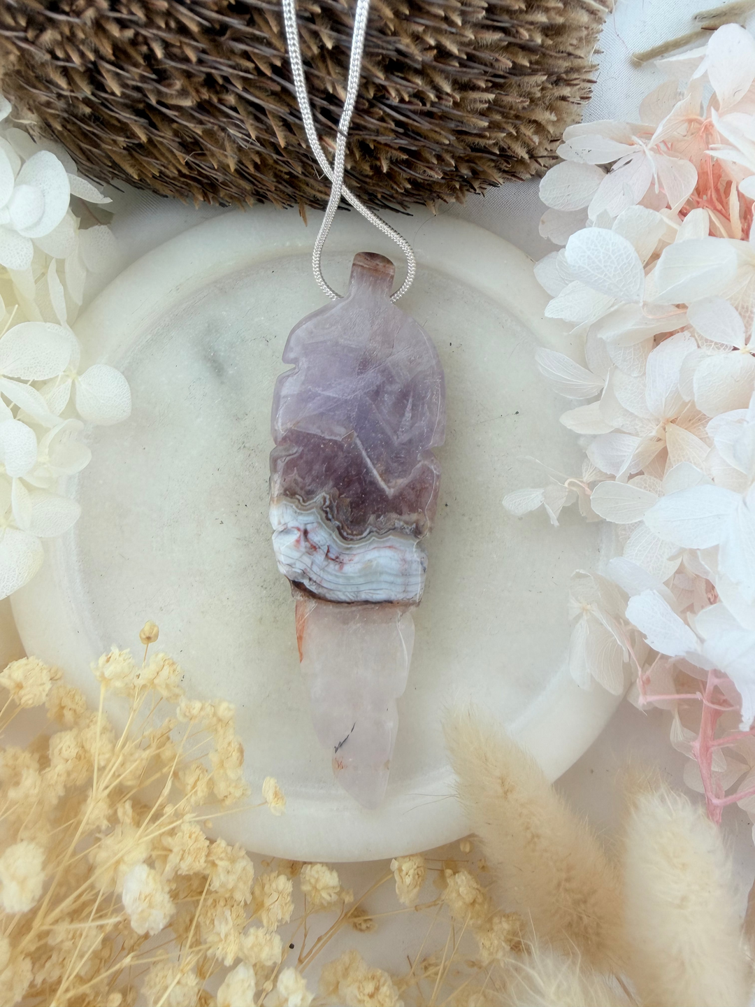 Amethyst with Agate Feather Pendant