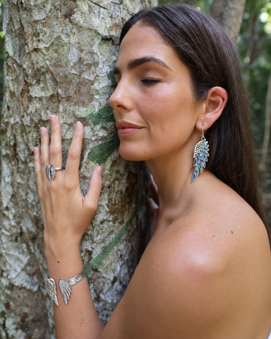 The Healing Heart Moon Set — silver Spirit Wing earrings and pendant