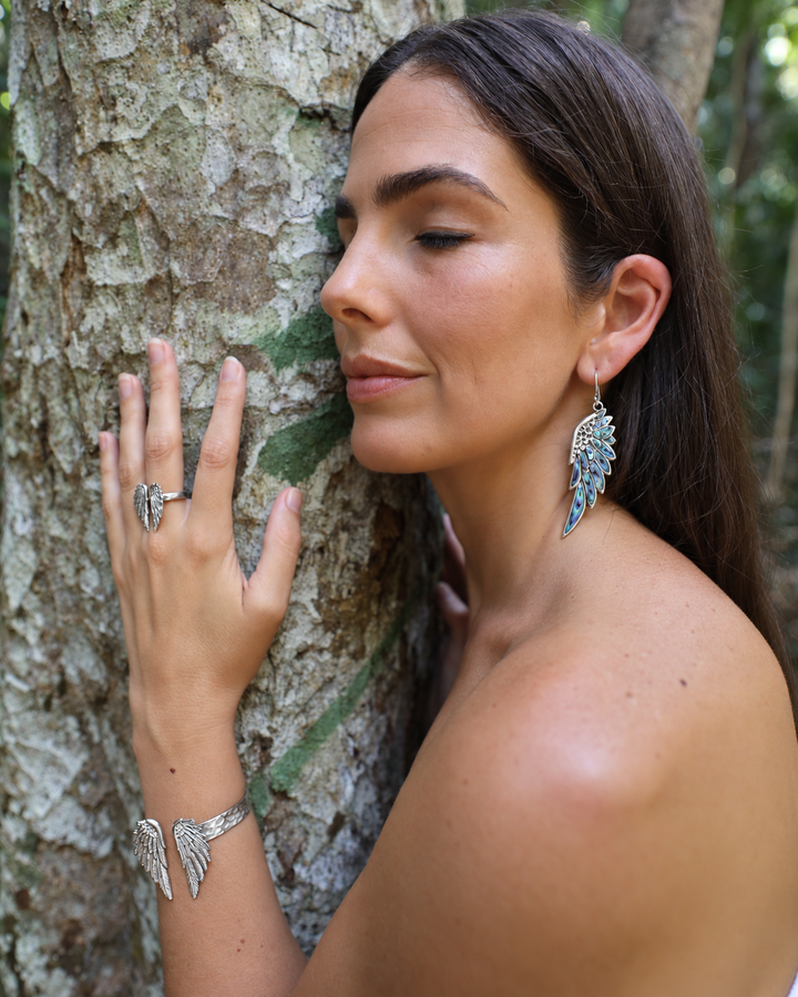 The Healing Heart Moon Set — silver Spirit Wing earrings and pendant
