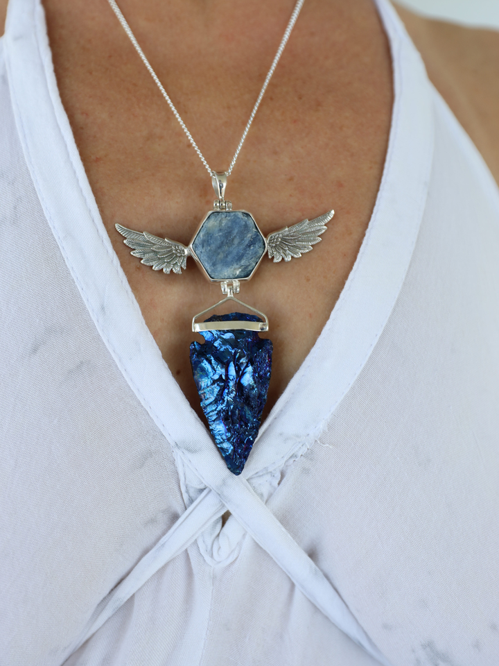 Cobalt Aura Arrowhead & Sapphire Winged Goddess Silver Pendant