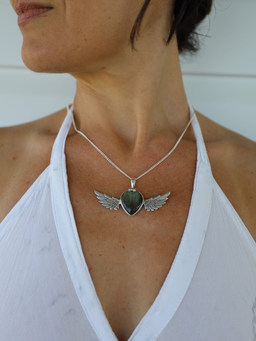 Labradorite Heart Winged Goddess Silver Pendant