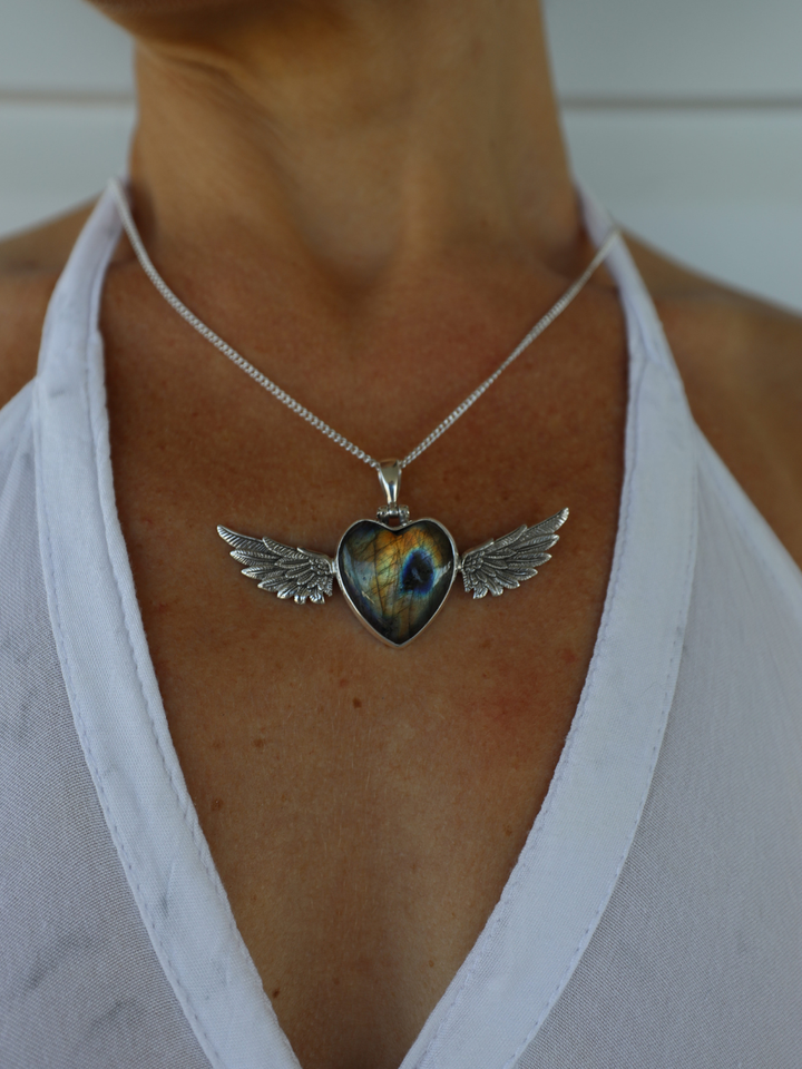 Labradorite Heart Winged Goddess Silver Pendant