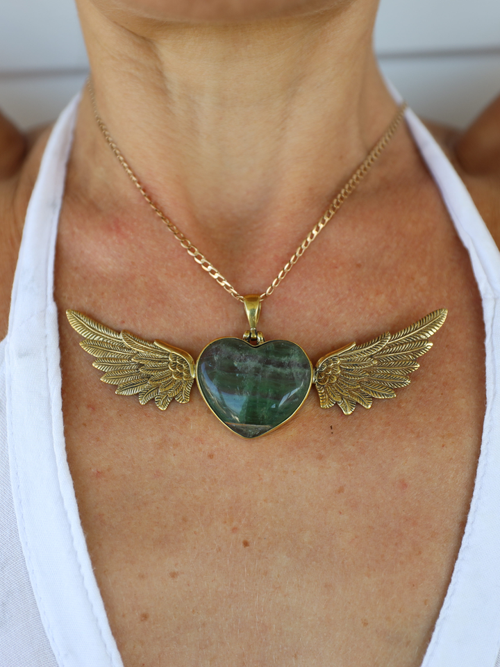 Rainbow Fluorite Heart Brass Winged Goddess Pendant