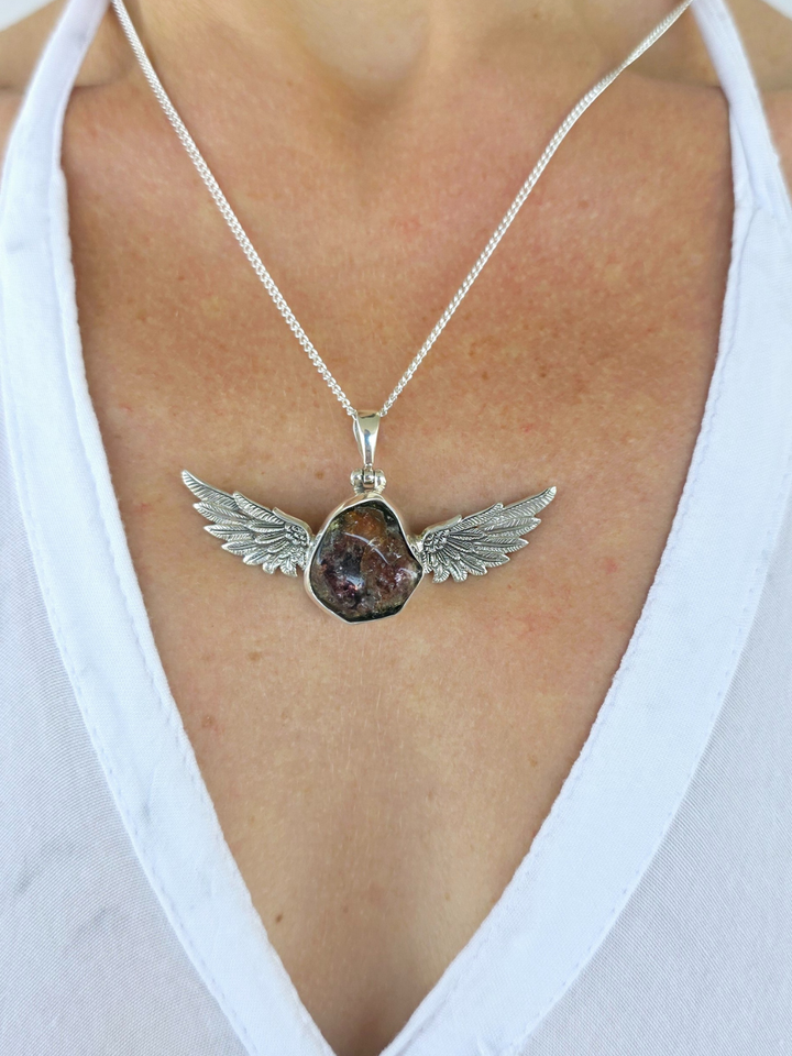 Watermelon Tourmaline Silver Winged Goddess Pendant
