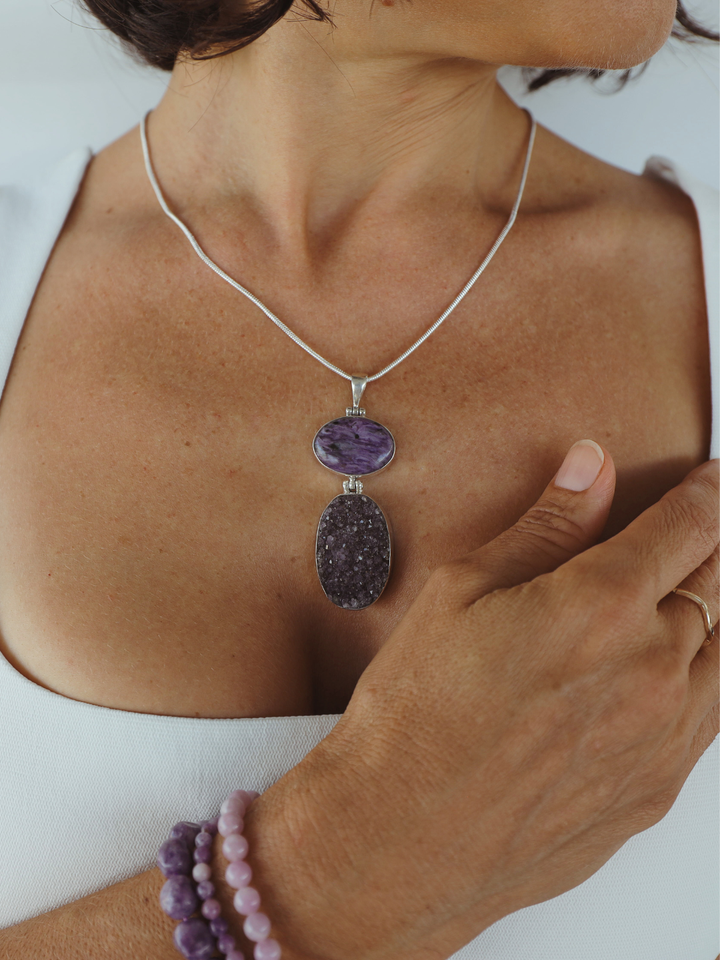 Amethyst Druzy & Charoite Silver Pendant
