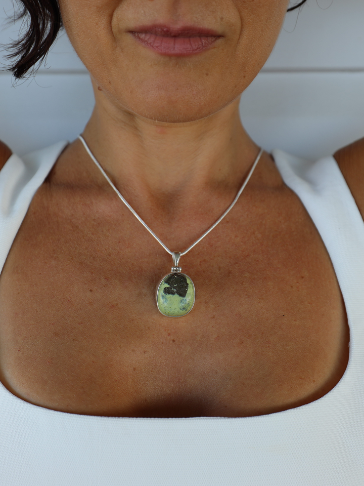 Serpentine with Pyrite Silver Pendant