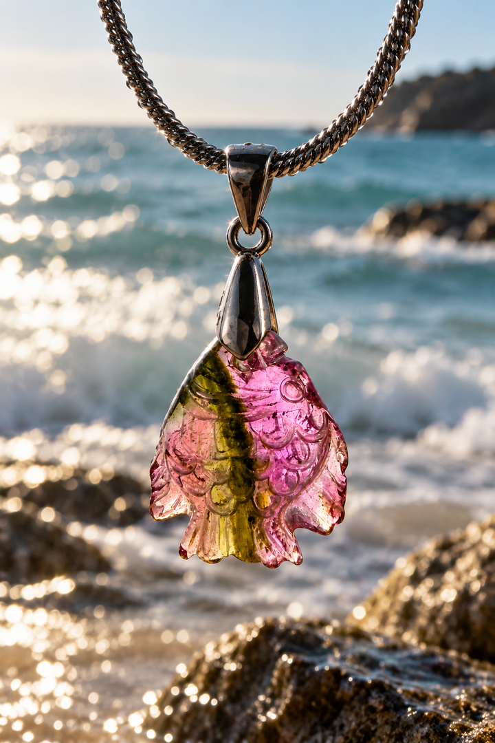 Watermelon Tourmaline Fish Silver Pendant— Flow & Flourish