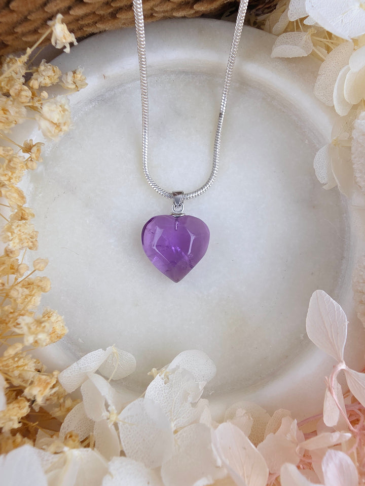Amethyst Silver Heart Pendant — The Quiet Mind