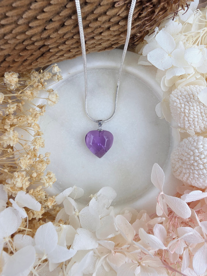 Amethyst Silver Heart Pendant — The Quiet Mind
