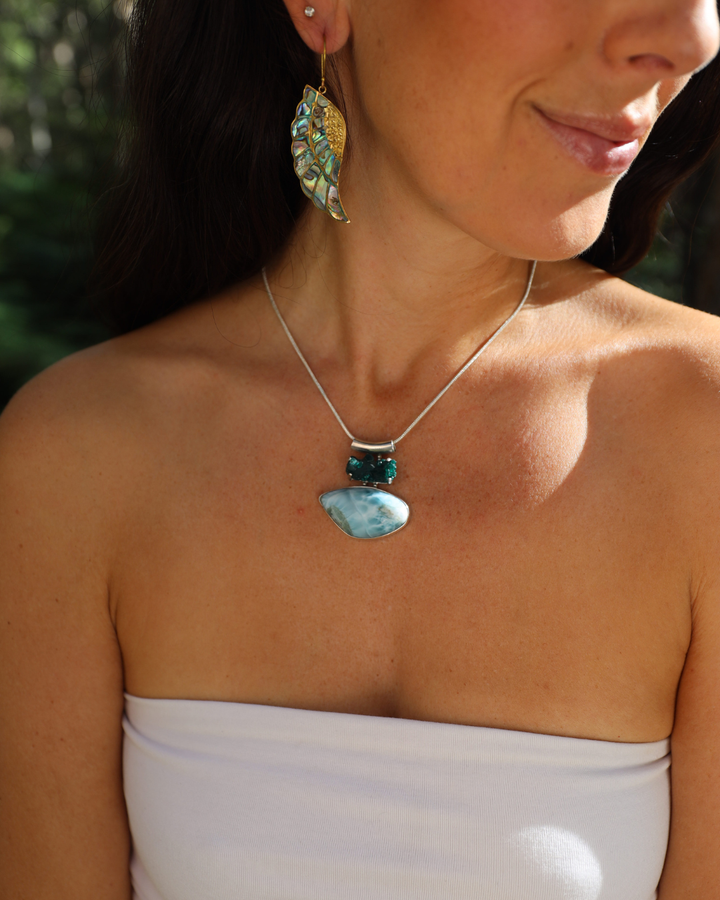 Dioptase & Larimar Silver Pendant
