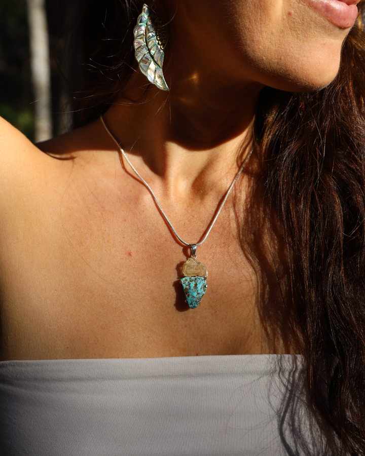 Turquoise & Libyan Desert Glass Silver Pendant